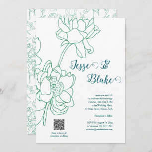 Green Hand Drawn Peony Flowers Wedding Invitation