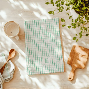 Green Hand Drawn Plaid Kitchen Towel with Initial