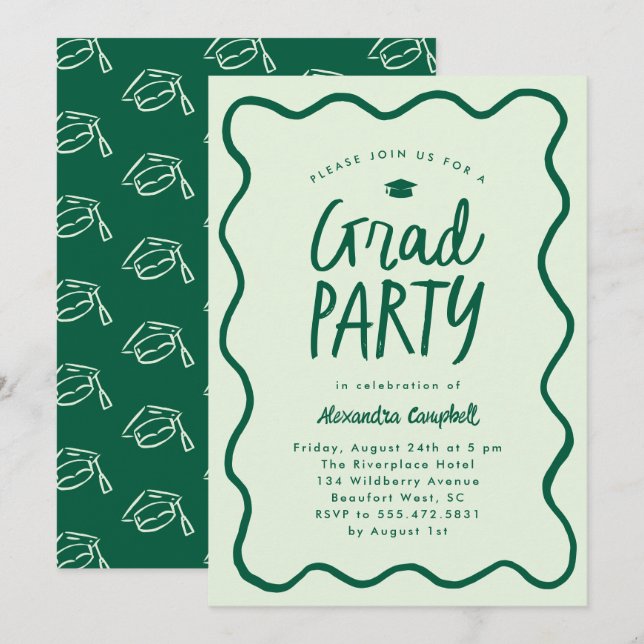 Green Hand Drawn Squiggle Graduation Party Invitation (Front/Back)