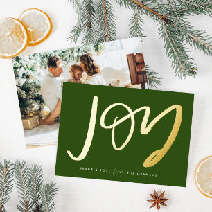 Green Hand-Lettered Joy Photo Gold Foil Holiday Card