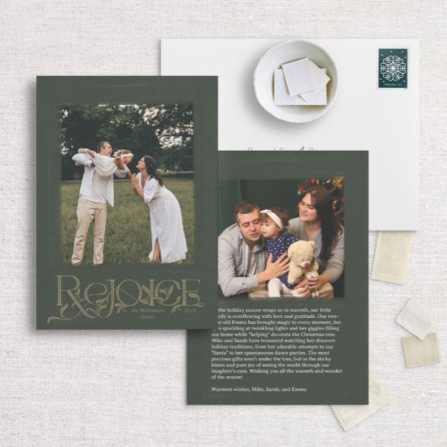 Green Hand Lettered "Rejoice" Holiday Photo Card (Creator Uploaded)