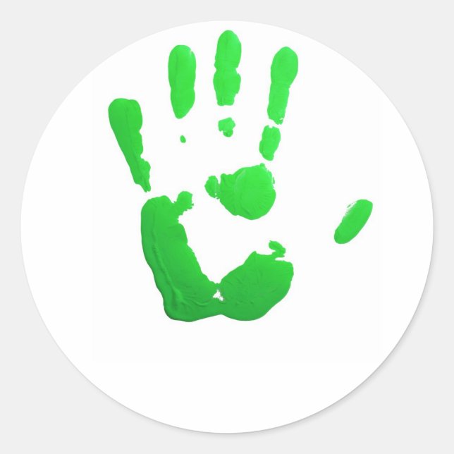 Green hand-print classic round sticker (Front)