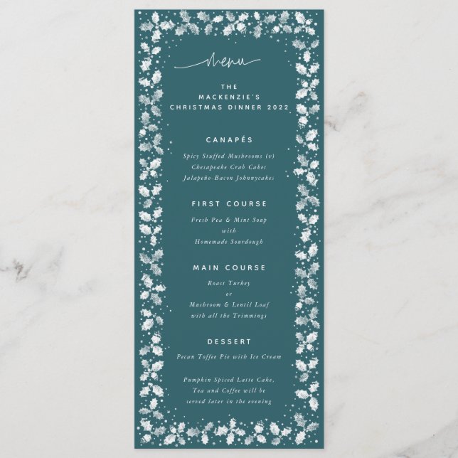Green Hand Printed Holly+Berries Christmas Menu (Front)