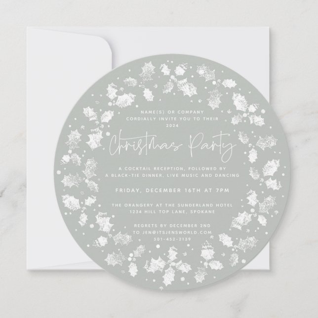 Green Hand Printed Holly+Berries Christmas Party Invitation (Front)