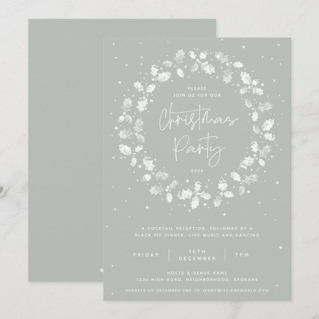 Green Hand Printed Holly Wreath Christmas Party Invitation (Front/Back)
