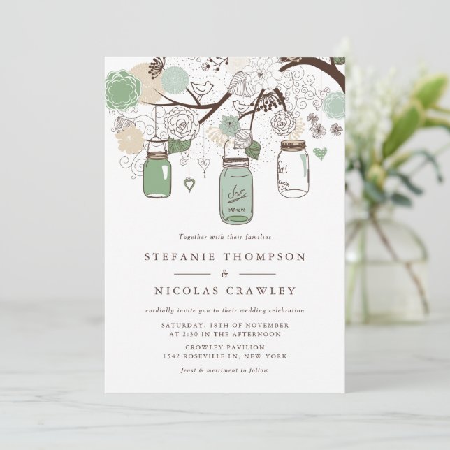 Green Hanging Mason Jars Wedding Invitation (Standing Front)
