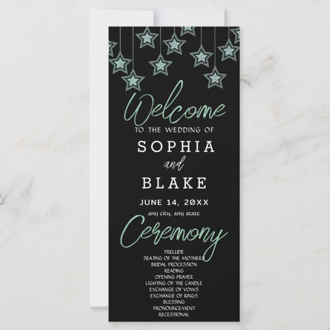 Green Hanging Stars Black Wedding Program (Front)