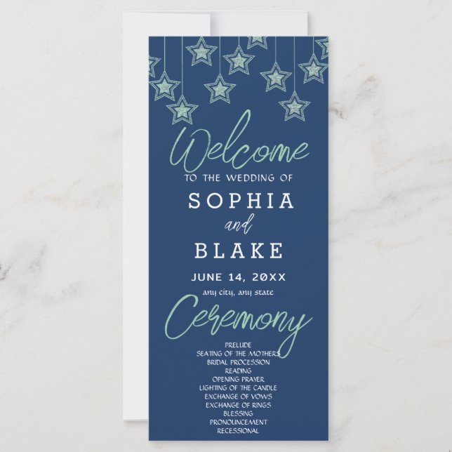 Green Hanging Stars Dark Blue Wedding Program (Front)