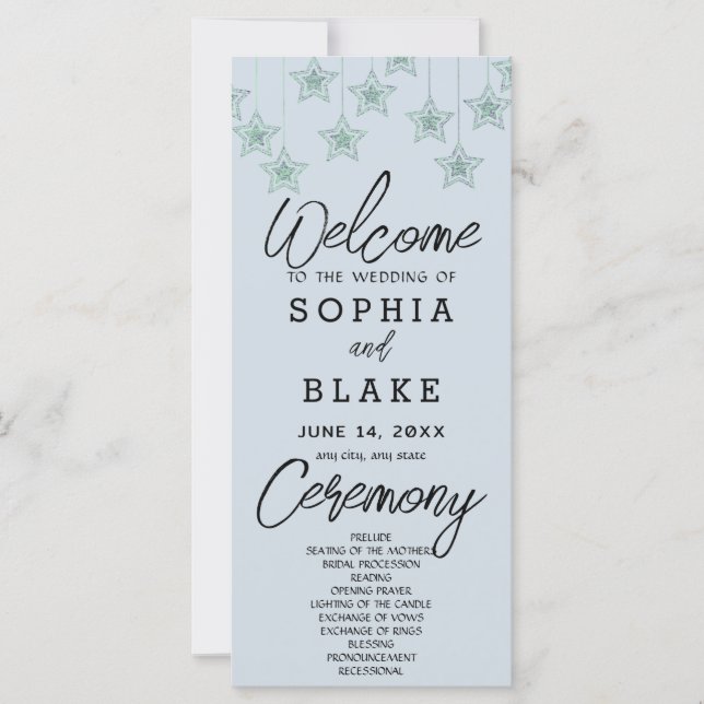Green Hanging Stars Light Blue Wedding Program (Front)