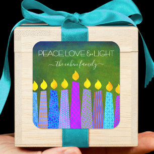 Green Hanukkah Blue Boho Candles Peace Love Light Square Sticker
