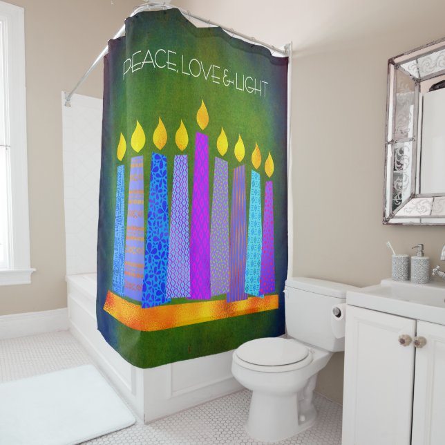 Green Hanukkah Boho Blue Candles Peace Love Light Shower Curtain (In Situ)