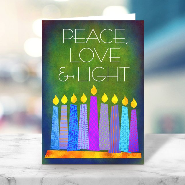 Green Hanukkah Boho Candles Peace Love Light Bold Holiday Card (Creator Uploaded)