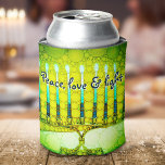 Green Hanukkah Menorah Peace Love Light Modern Can Cooler<br><div class="desc">“Peace, love & light.” A calligraphy script quote, overlaying a close-up photo illustration of a bright, colourful, green and yellow artsy menorah, helps you usher in the holiday of Hanukkah in style. Feel the warmth and joy of the holiday season whenever you relax with your favourite beverage with this stunning,...</div>