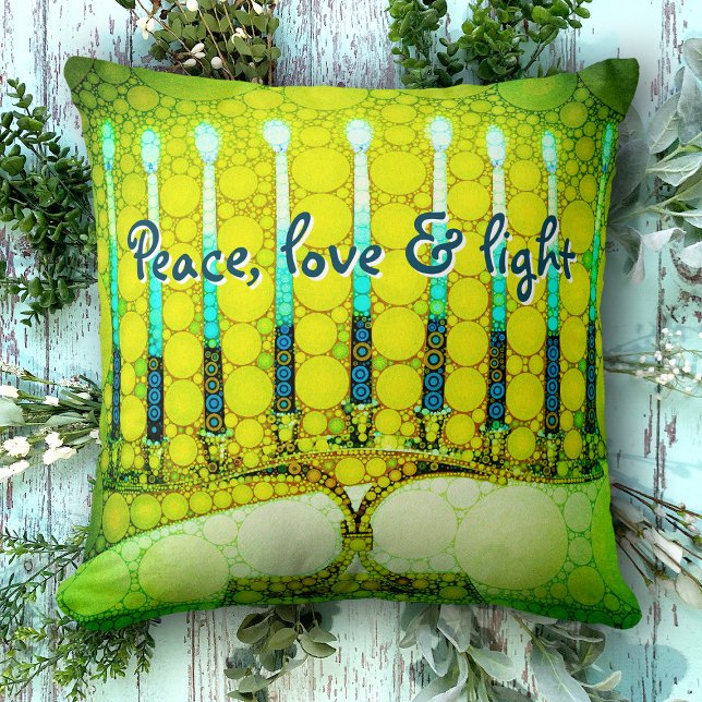 Green Hanukkah Menorah Peace Love Light Script Cushion (Creator Uploaded)