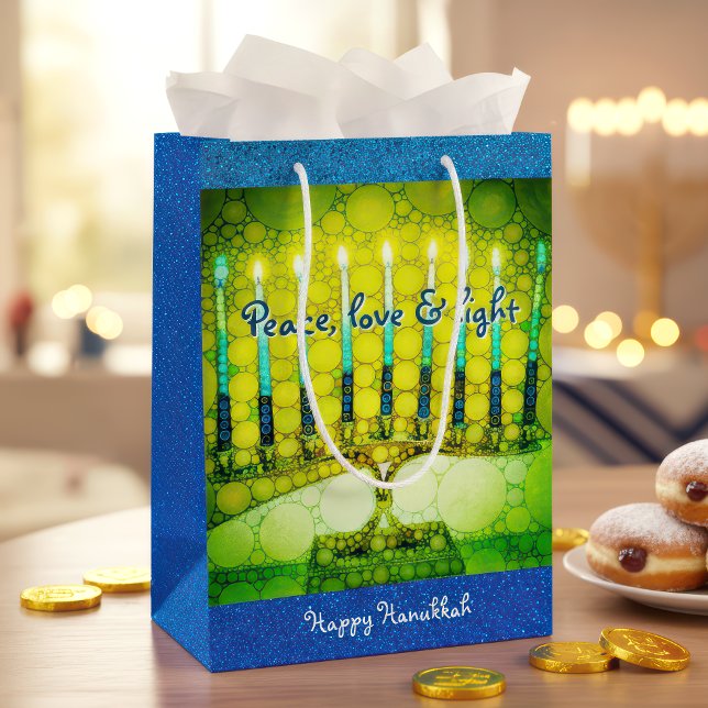 Green Hanukkah Menorah Peace Love Light Script Medium Gift Bag (Creator Uploaded)