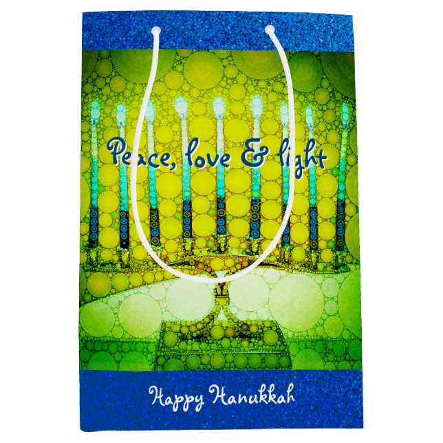Green Hanukkah Menorah Peace Love Light Script Medium Gift Bag (Front)