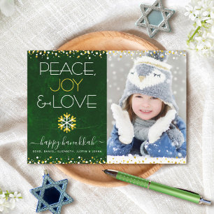 Green Hanukkah Peace Joy Love Snowflake Photo Bold Holiday Card