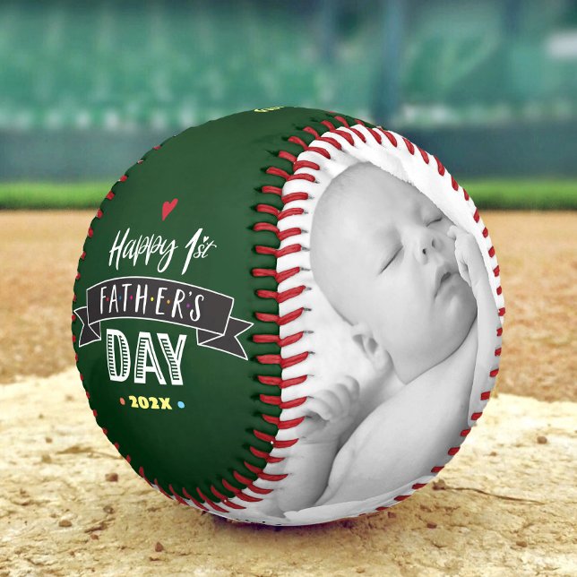 Green Happy 1st Father’s Day Photo Bold Typography Baseball (Creator Uploaded)