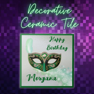 Green Happy Birthday Masquerade Party   Ceramic Tile