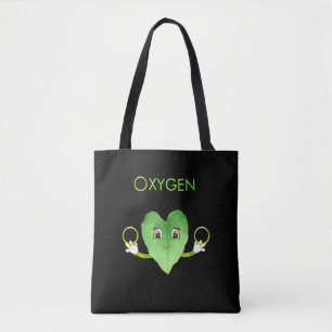 Green Happy Heart Leaf on Black Tote Bag