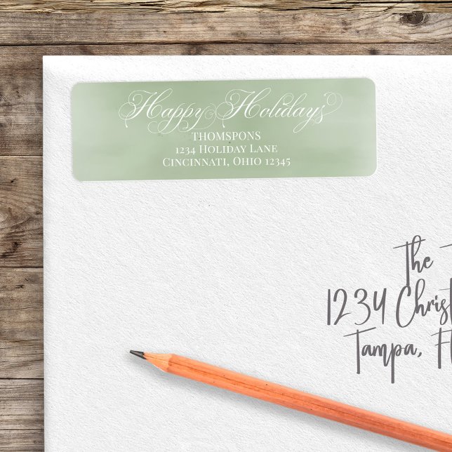 Green Happy Holiday Calligraphy Script Custom (Happy Holiday custom green return address label. )