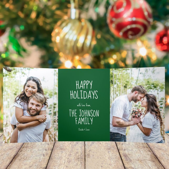 Green Happy Holidays 4 Family Photo Modern Festive Tri-Fold Holiday Card (Creator Uploaded)