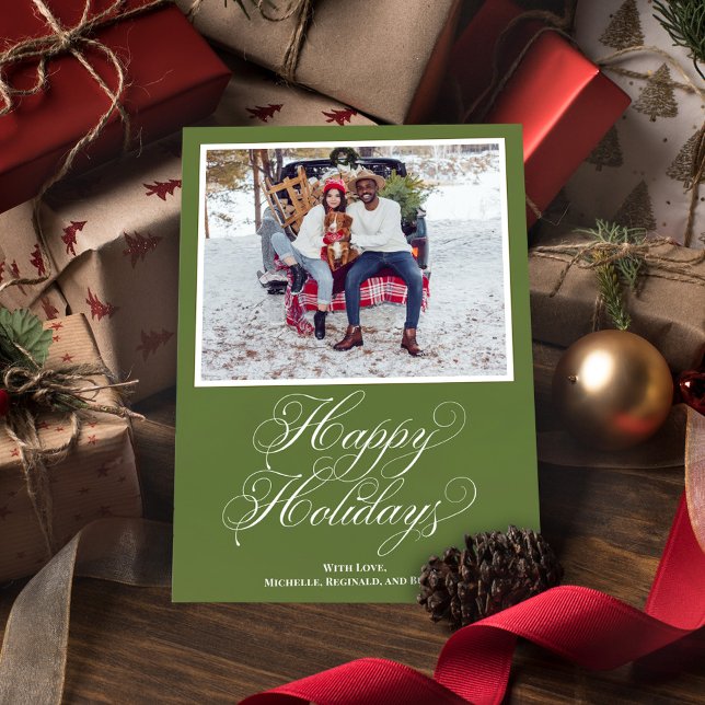 Green Happy Holidays Elegant Script Holiday Card (Happy Holidays Green calligraphy script photo card.)