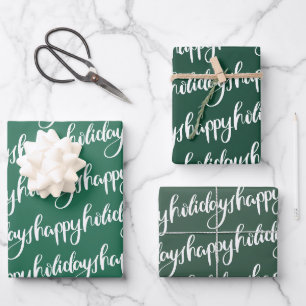 green happy holidays festive script fun wrapping paper sheet