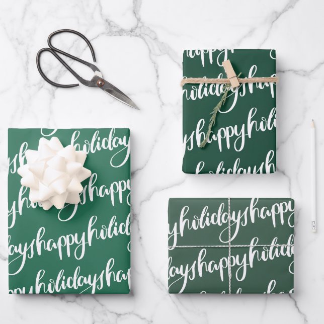 green happy holidays festive script fun wrapping paper sheet (Front)