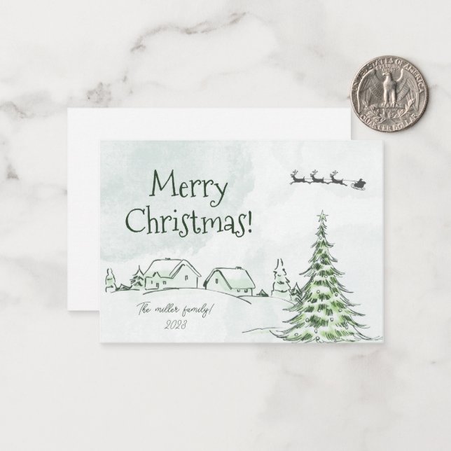 Green Happy Holidays Personalised Christmas Card (Front/Back In Situ)