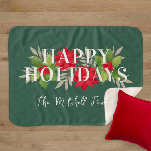 Green Happy Holidays Poinsettia Family Name Sherpa Blanket