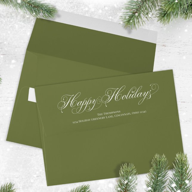 Green Happy Holidays Script Return Address Envelope (Happy Holidays script return address envelope.)