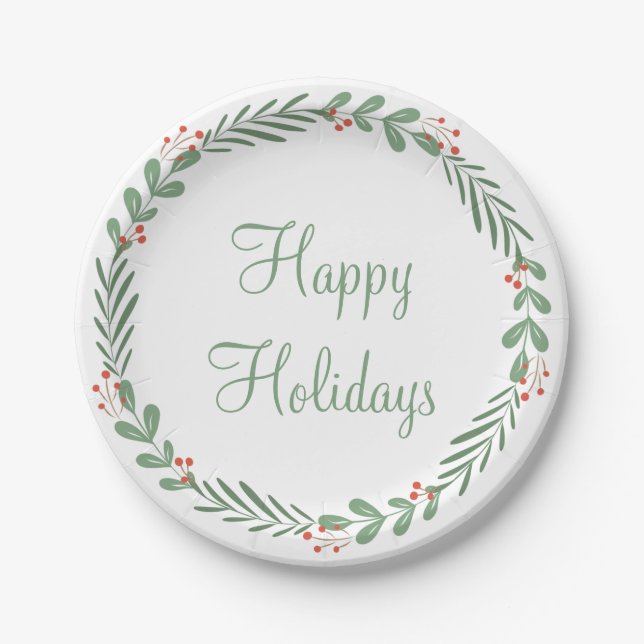 Green Happy Holidays Script Wreath Berry Leaves Paper Plate (Front)