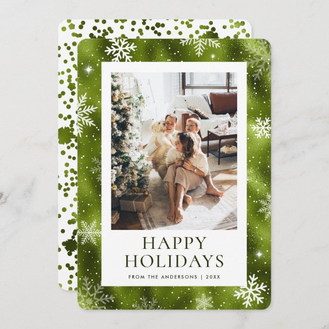Green Happy Holidays Snowflake Snow Photo Holiday Card (Front/Back)