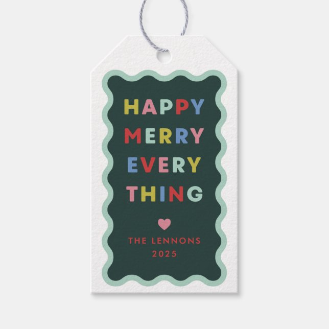 Green Happy Merry Wavy Christmas Gift Tag (Front)