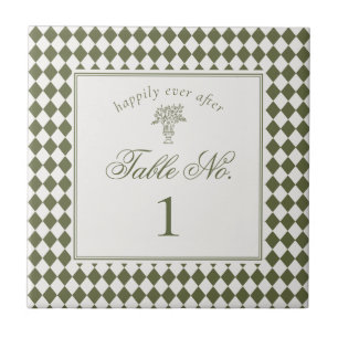 Green Harlequin Checkered Wedding Table Number Tile