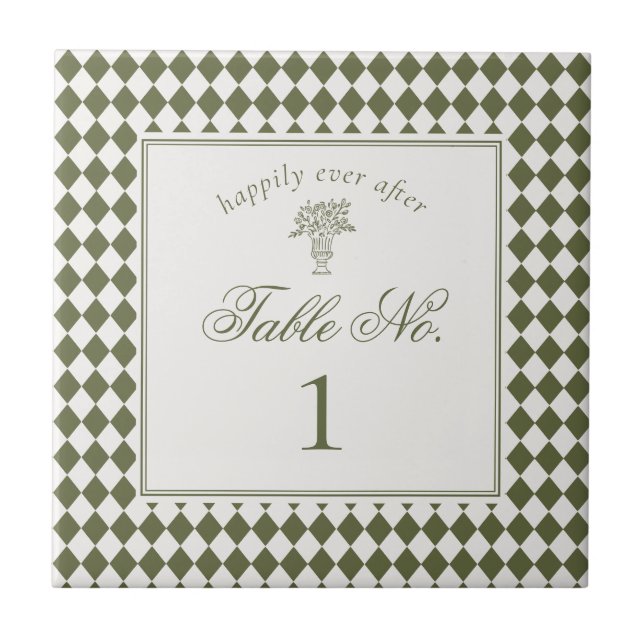 Green Harlequin Chequered Wedding Table Number Tile (Front)