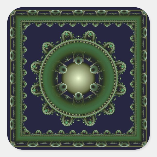 Green harmonic fractal mandala square sticker (Front)