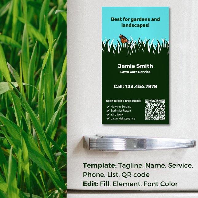 🌿🦋Green Harmony: Professional Lawn Care Service Magnetic Business Card (Green Harmony: Professional Lawn Care Service Business Card Magnet)