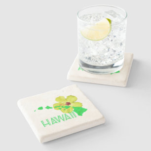 Green Hawaiian Island Hibiscus Flower Stone Coaster