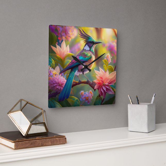 Green Headed Jay Fantasy Bird Square Wall Clock (Office)