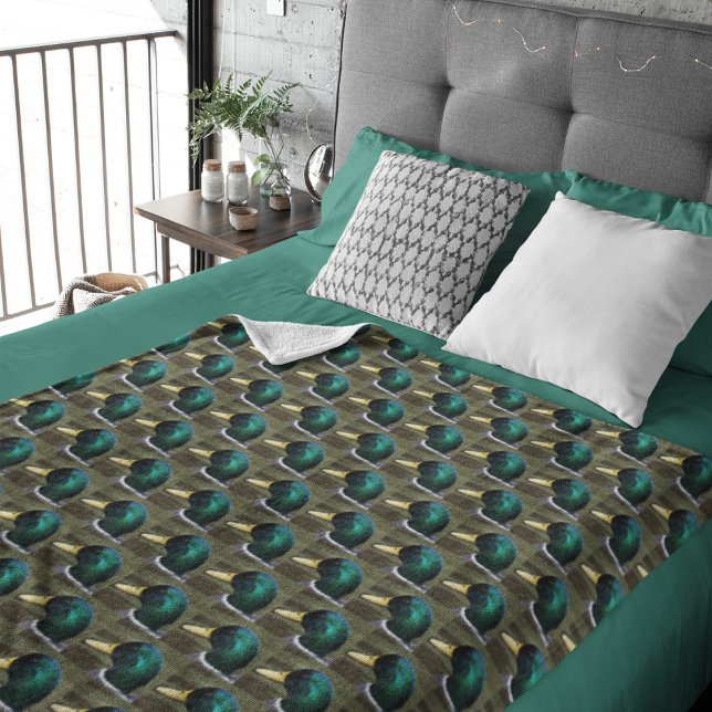 Green Headed Mallard Duck Pattern Sherpa Blanket (In Situ Bed)