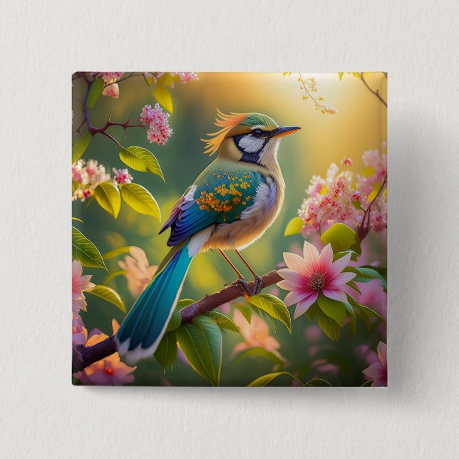 Green Headed Teal Winged Fantasy Bird 15 Cm Square Badge (Front)