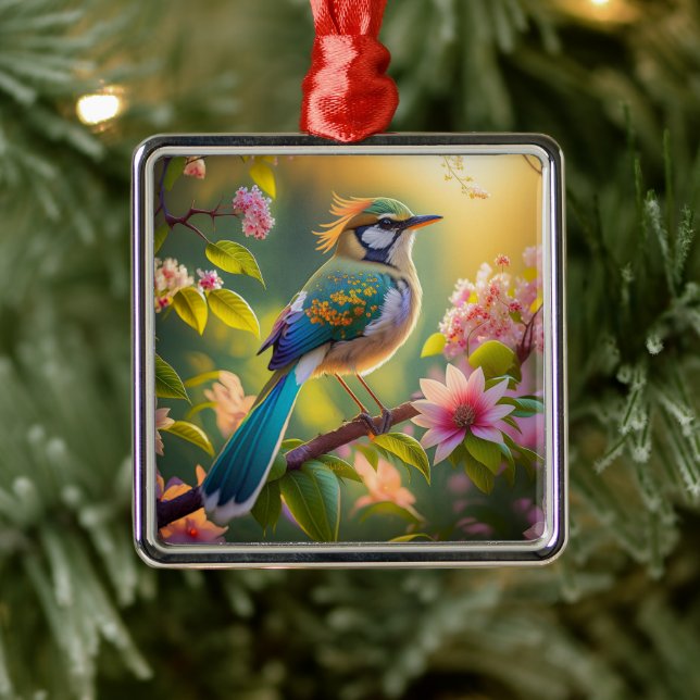 Green Headed Teal Winged Fantasy Bird Metal Tree Decoration (Tree)