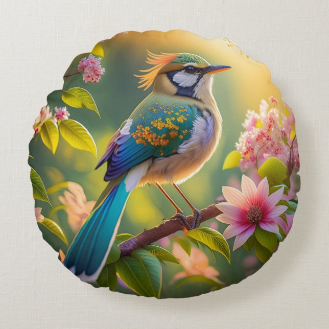Green Headed Teal Winged Fantasy Bird Round Cushion (Front)