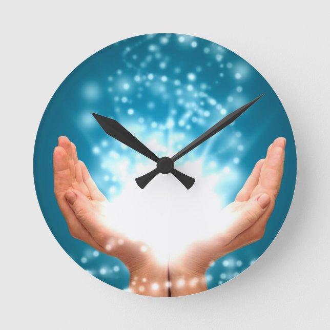 Green healing hands chakra Reiki energy zen yoga Round Clock (Front)