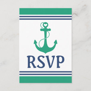 Green Heart Anchor Monogram Wedding RSVP Card