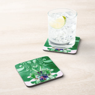 Green Heart and Flowers Fractal Coaster
