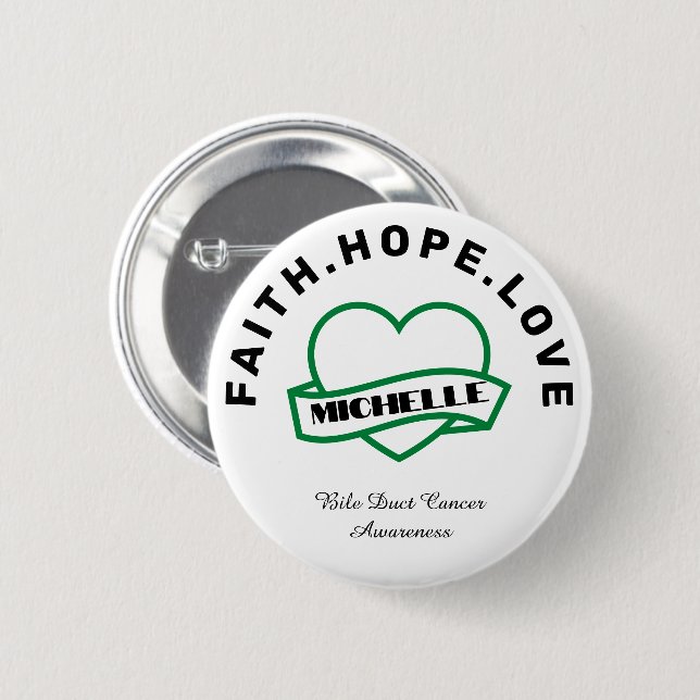 Green Heart Bile Duct Cancer Awareness Button (Front & Back)