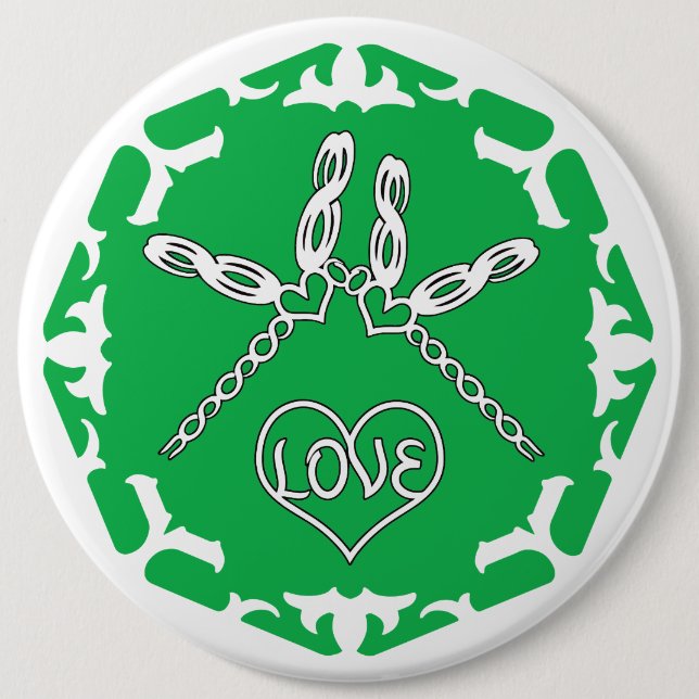 Green Heart Chakra "Love" Dragonflies White BG 6 Cm Round Badge (Front)